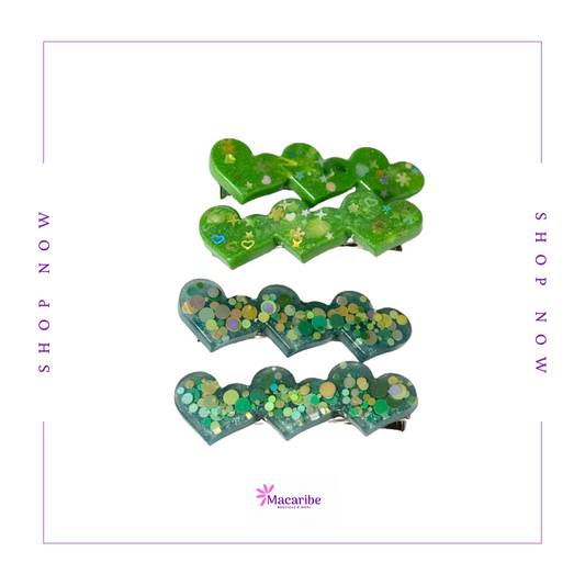 Blue & Green Heart Resin Hair Clips